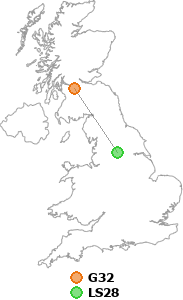 map showing distance between G32 and LS28