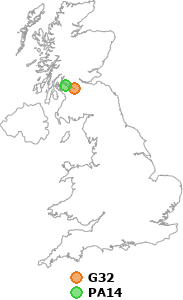 map showing distance between G32 and PA14