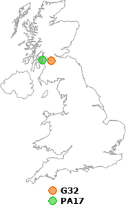 map showing distance between G32 and PA17