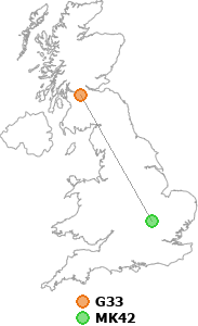 map showing distance between G33 and MK42