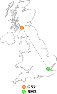 map showing distance between G52 and RM3