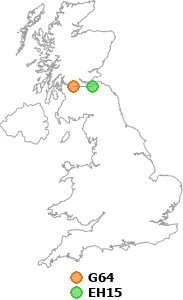 map showing distance between G64 and EH15