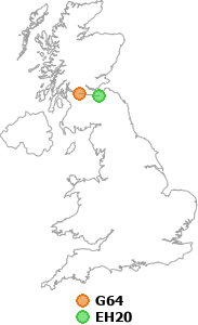 map showing distance between G64 and EH20