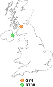 map showing distance between G74 and BT38