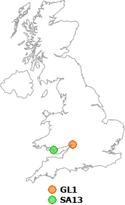 map showing distance between GL1 and SA13