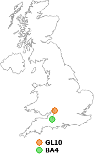 map showing distance between GL10 and BA4