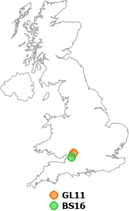 map showing distance between GL11 and BS16