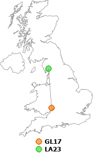 map showing distance between GL17 and LA23