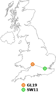 map showing distance between GL19 and SW11
