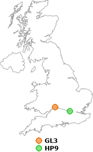 map showing distance between GL3 and HP9