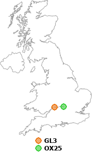 map showing distance between GL3 and OX25
