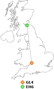 map showing distance between GL4 and EH6