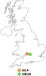 map showing distance between GL4 and OX18