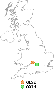 map showing distance between GL52 and OX14