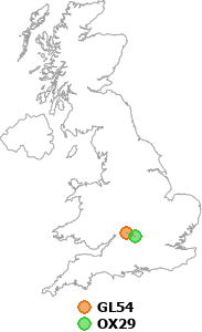 map showing distance between GL54 and OX29