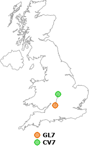 map showing distance between GL7 and CV7
