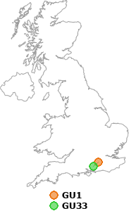 map showing distance between GU1 and GU33