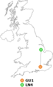 map showing distance between GU1 and LN4