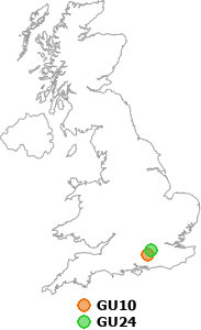 map showing distance between GU10 and GU24