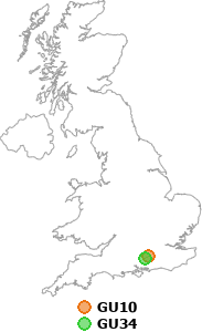 map showing distance between GU10 and GU34