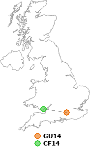 map showing distance between GU14 and CF14