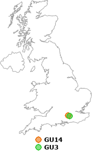 map showing distance between GU14 and GU3