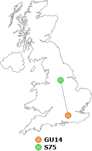 map showing distance between GU14 and S75