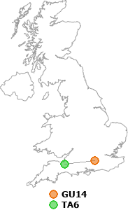 map showing distance between GU14 and TA6