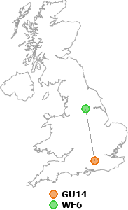 map showing distance between GU14 and WF6