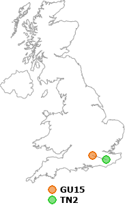 map showing distance between GU15 and TN2