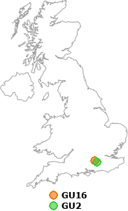 map showing distance between GU16 and GU2