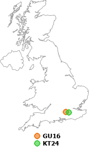map showing distance between GU16 and KT24