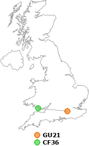 map showing distance between GU21 and CF36