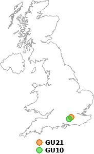 map showing distance between GU21 and GU10