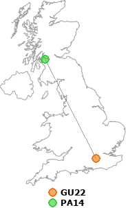 map showing distance between GU22 and PA14