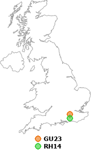 map showing distance between GU23 and RH14