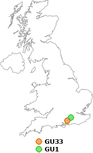 map showing distance between GU33 and GU1