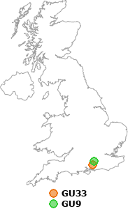 map showing distance between GU33 and GU9