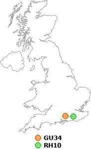 map showing distance between GU34 and RH10
