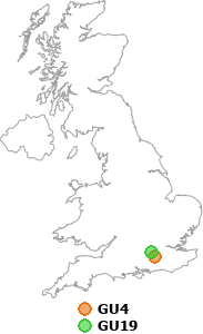 map showing distance between GU4 and GU19