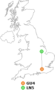 map showing distance between GU4 and LN5