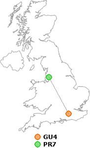 map showing distance between GU4 and PR7