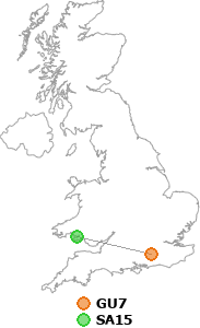 map showing distance between GU7 and SA15