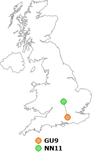 map showing distance between GU9 and NN11