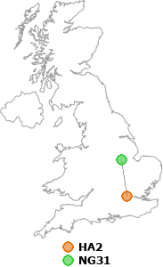 map showing distance between HA2 and NG31