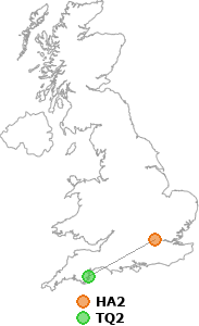 map showing distance between HA2 and TQ2
