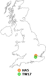 map showing distance between HA5 and TW17