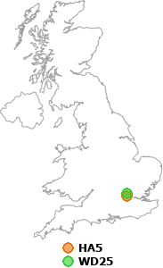 map showing distance between HA5 and WD25