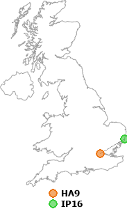 map showing distance between HA9 and IP16