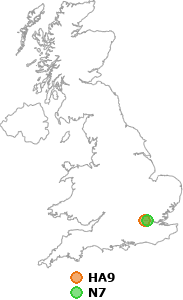 map showing distance between HA9 and N7